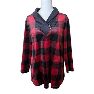 Ali Miles Buffalo Plaid Velour Tunic Top Medium Red Black Holiday Cabincore Warm